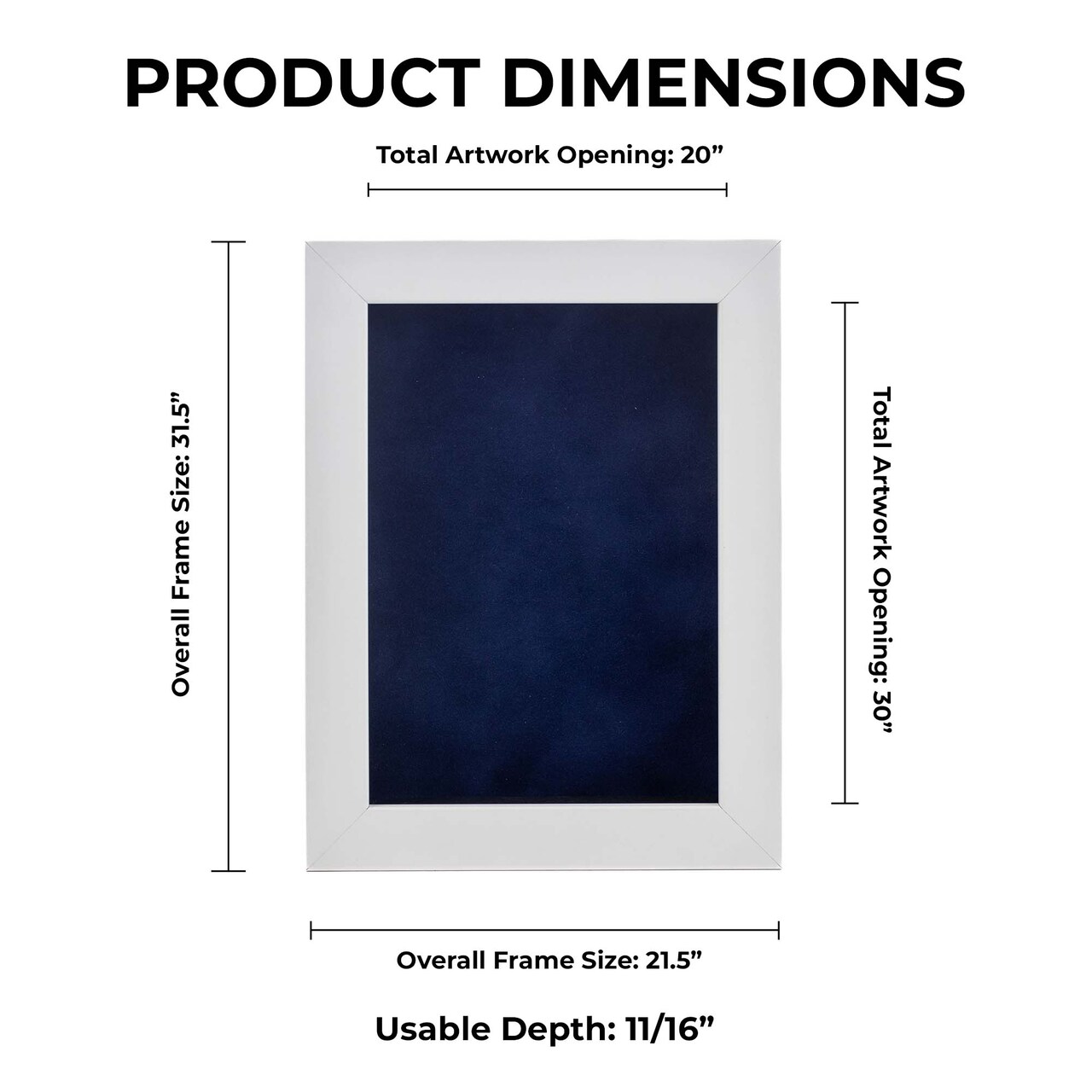 Classic White Wood Shadown Box Frame with Acrylic Front - Navy Blue Suede Backing, 30 Sizes